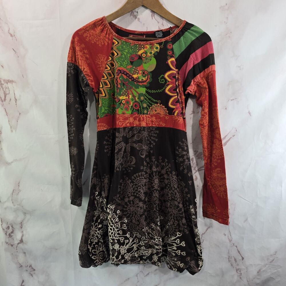 Desigual Dress Girls 13 14 Brown Red Paisley Knit Long Sleeve Ruffle Stretch